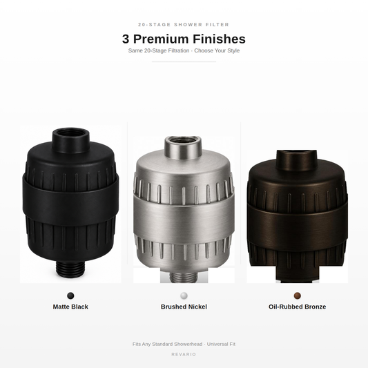 Three shower filter cartridges shown on a white background with text labels: Matte Black, Brushed Nickel, and Oil-Rubbed Bronze. The image highlights three premium finishes for a 20-stage shower filter.